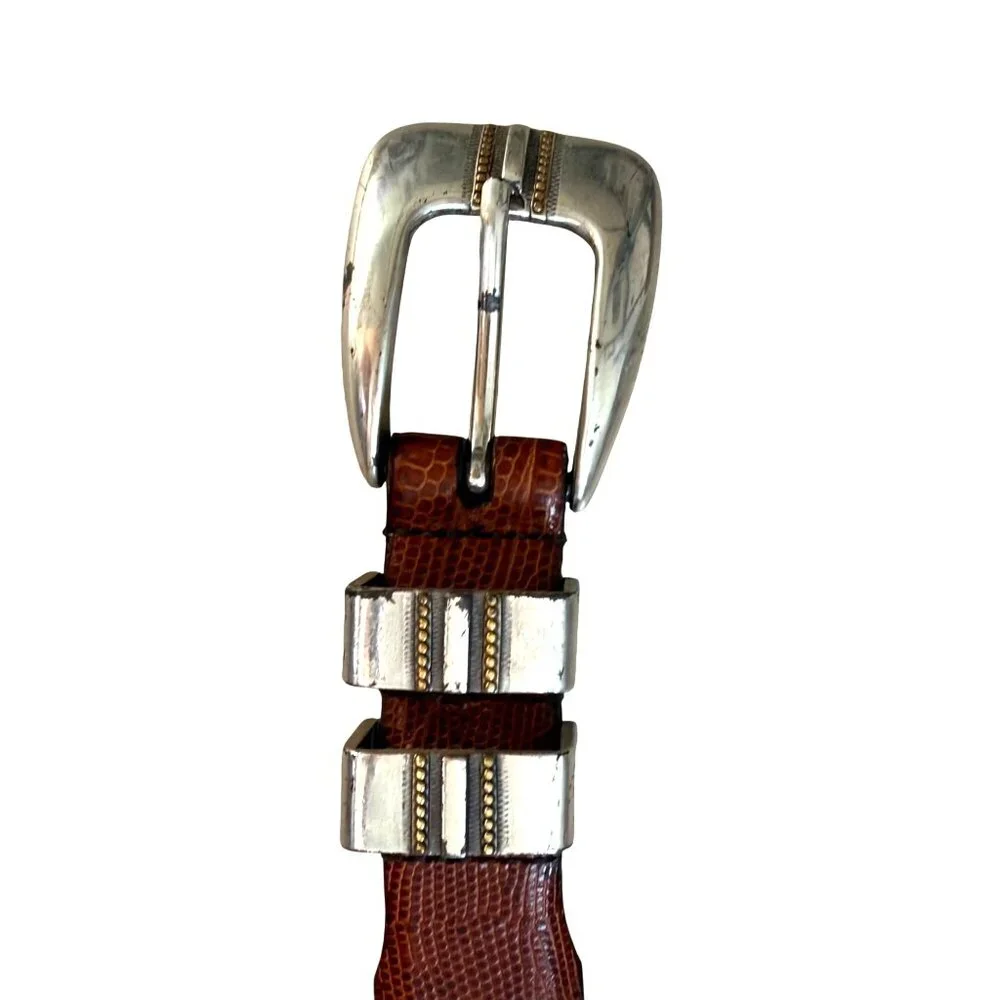 Tulliani Men's Dress Belt Cognac Brown Italian Calfskin Leather Lizard Embossed